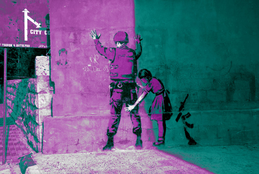 Girl scouting soldier. Artwork from graphite by artist Banksy